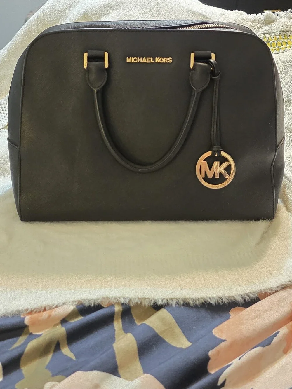 Michael Kors Black Dome Satchel with Gold MK Charm